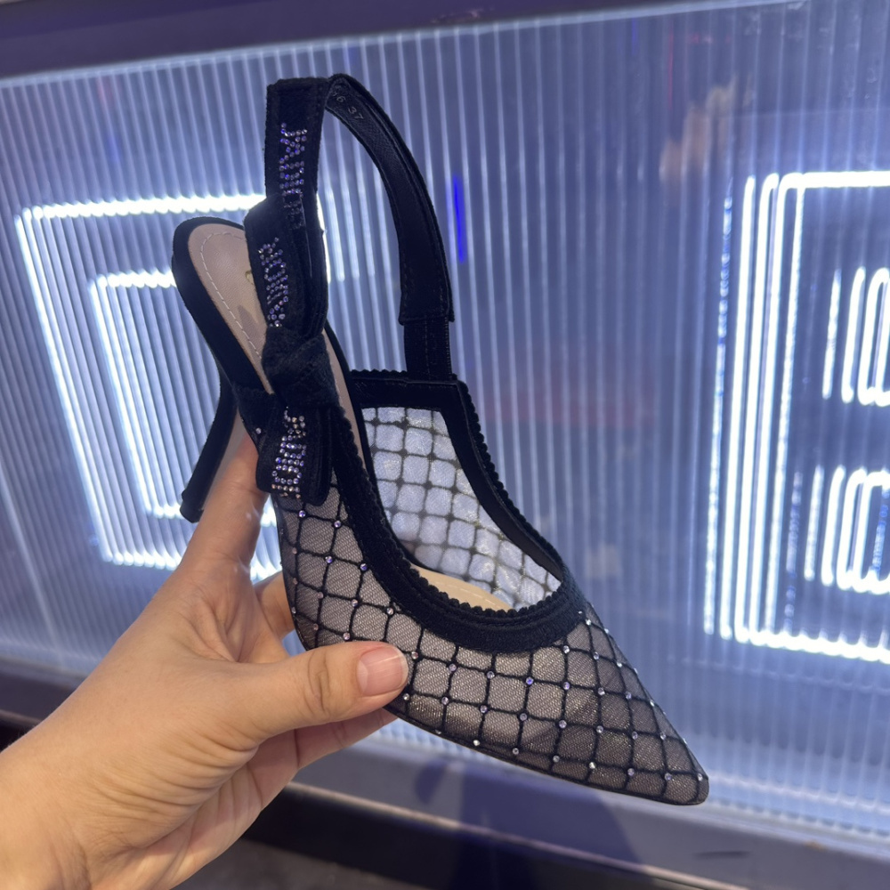 高仿Dior*JAdior系列KCV039尖頭露跟高踭鞋網面6.5CM黑色免檢版