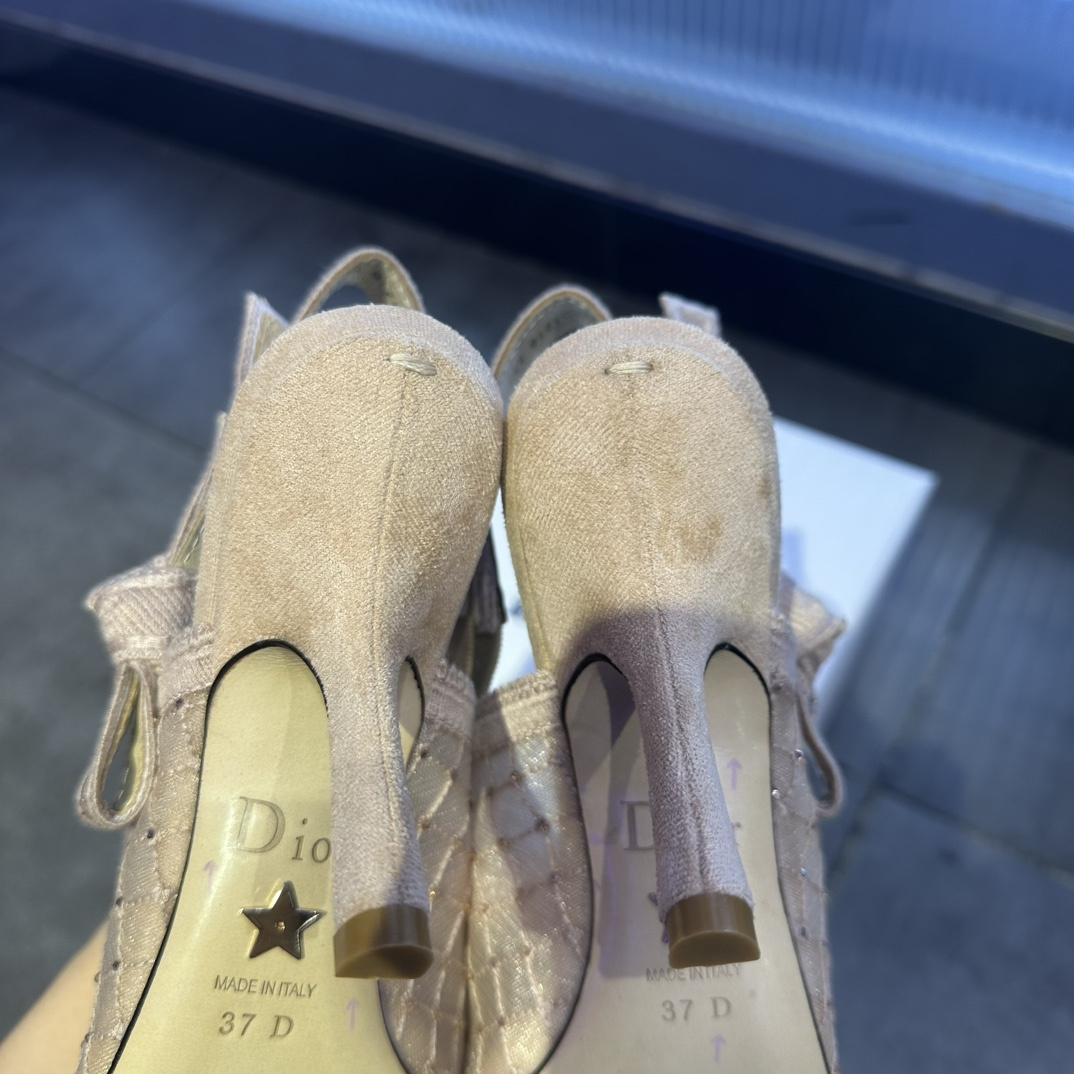 高仿Dior*JAdior系列KCV040尖頭露跟高踭鞋網面6.5CM粉色免檢版