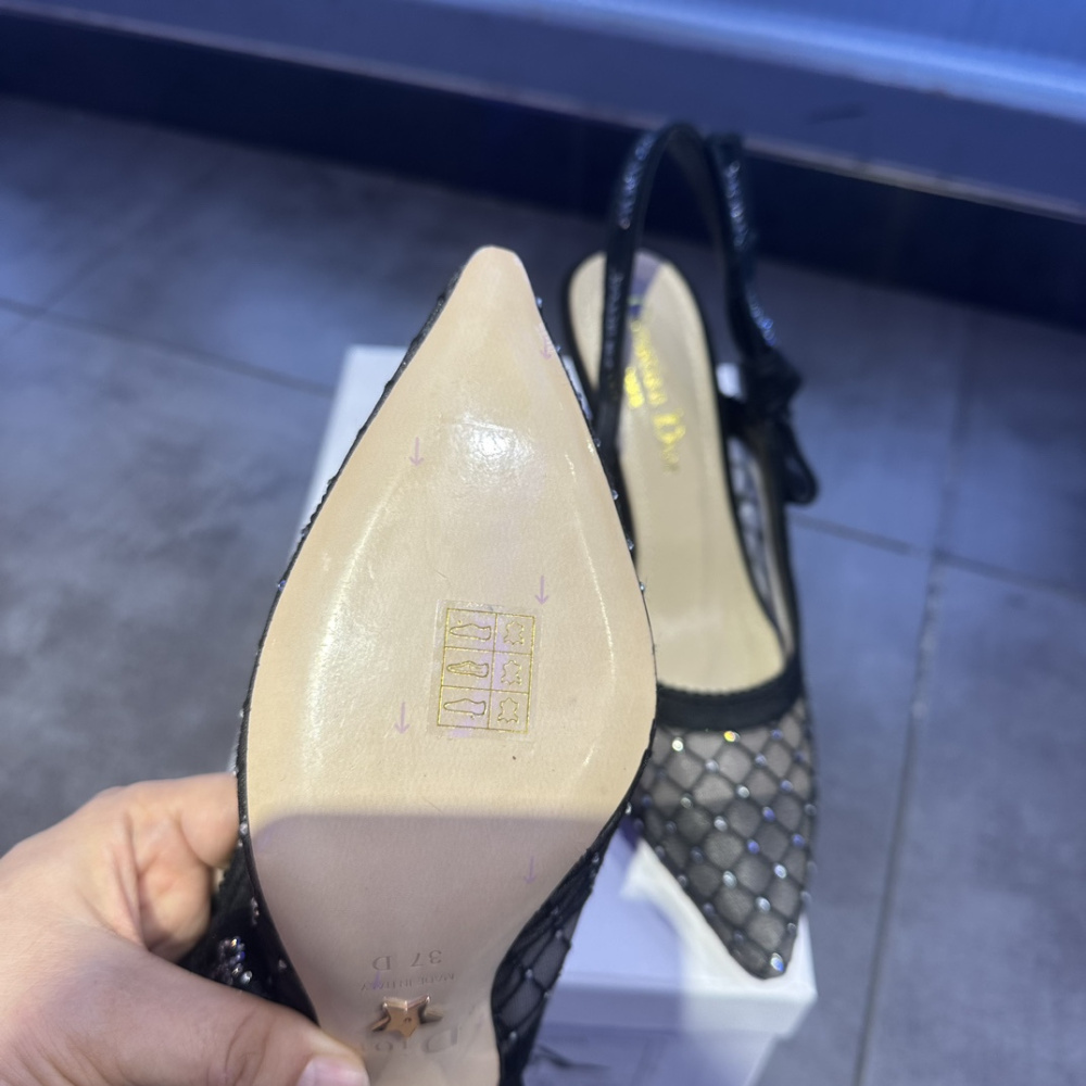 高仿Dior*JAdior系列KCV039尖頭露跟高踭鞋網面6.5CM黑色免檢版