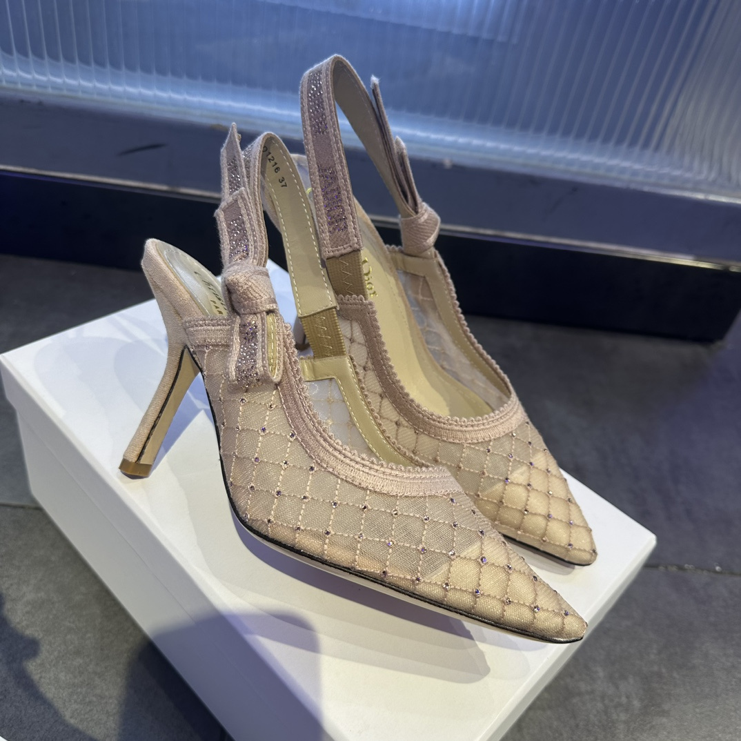 高仿Dior*JAdior系列KCV040尖頭露跟高踭鞋網面6.5CM粉色免檢版