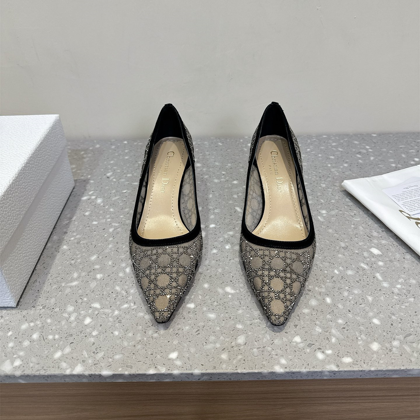 高仿Dior*Capture系列KDH304尖頭燙鑽高踭鞋6.5CM黑色免檢版