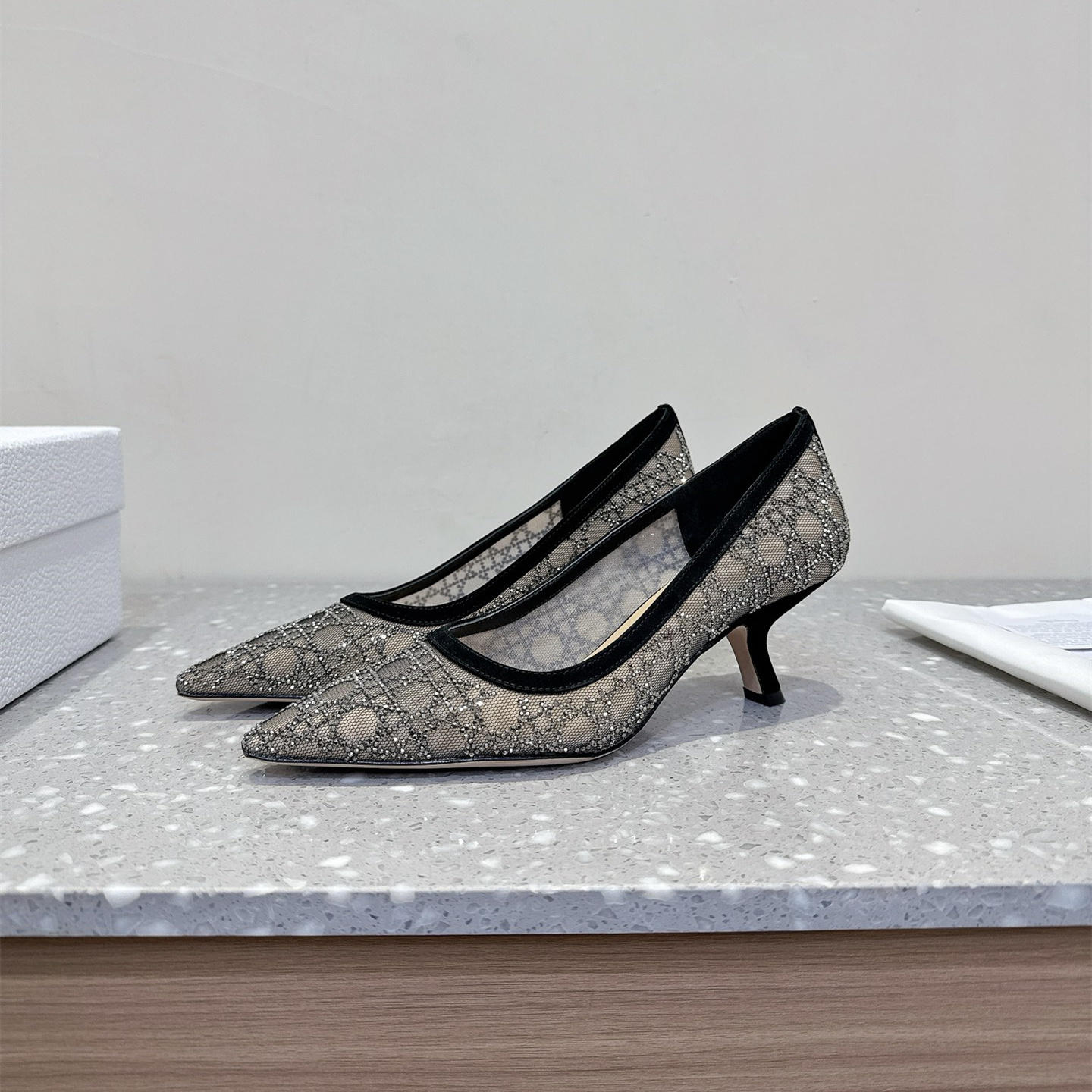 高仿Dior*Capture系列KDH304尖頭燙鑽高踭鞋6.5CM黑色免檢版