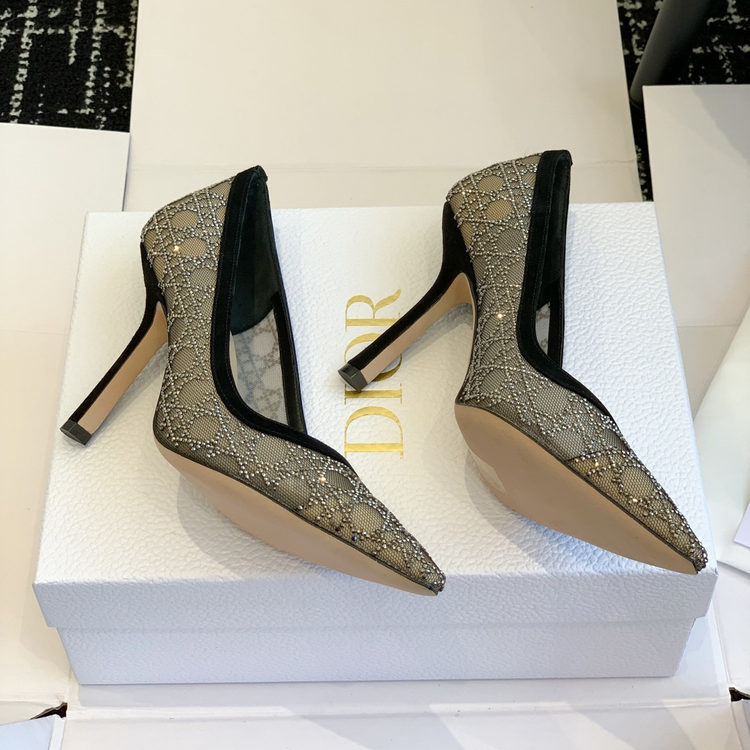 高仿Dior*Capture系列KDG299尖頭燙鑽高踭鞋10CM黑色免檢版