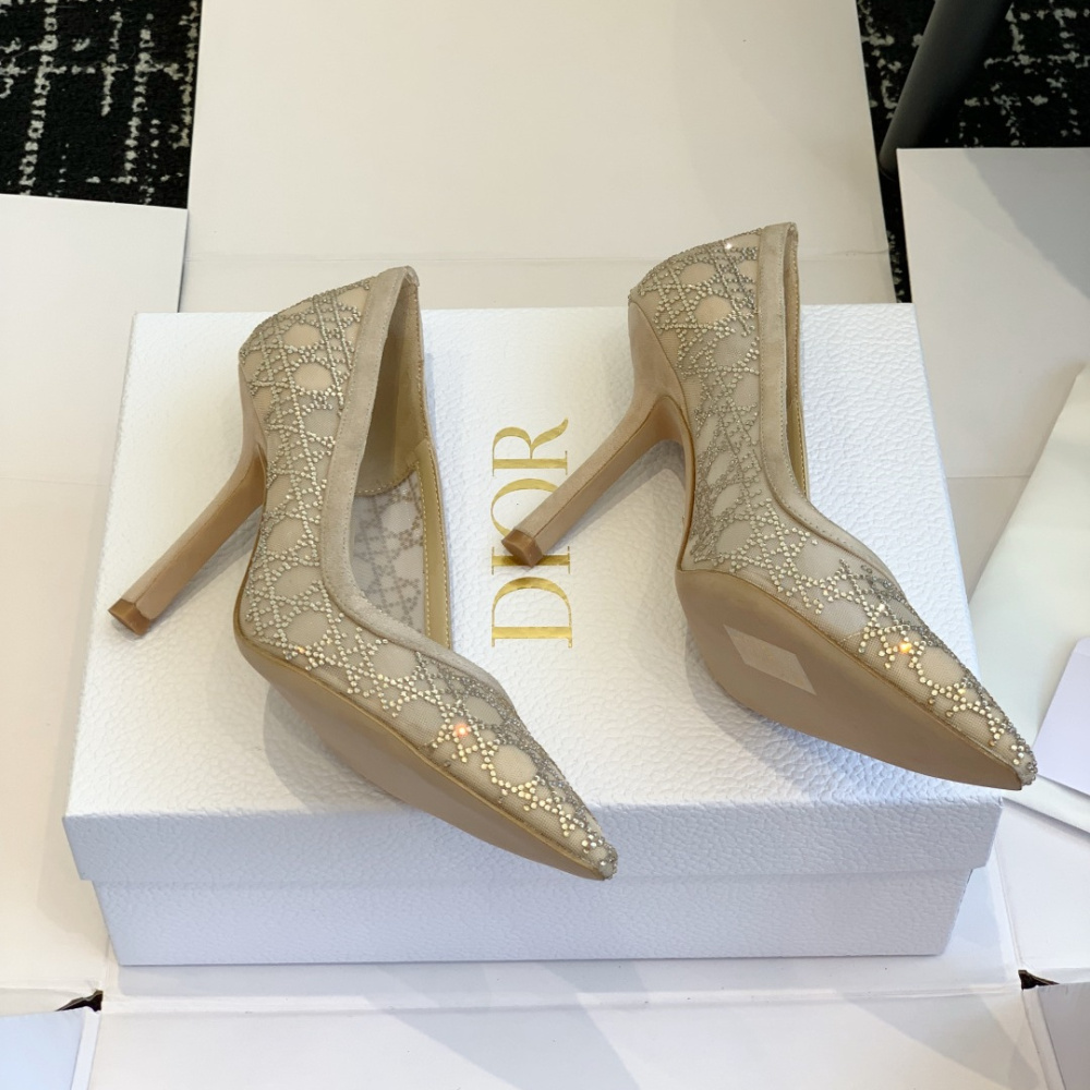 高仿Dior*Capture系列KDG300尖頭燙鑽高踭鞋10CM膚色免檢版