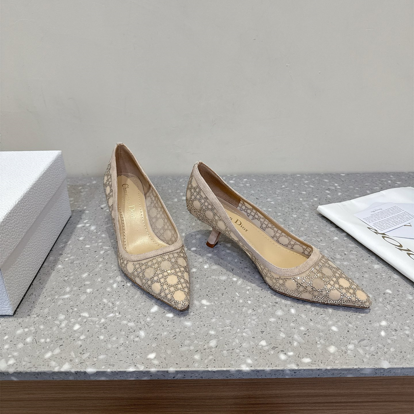 高仿Dior*Capture系列KDH305尖頭燙鑽高踭鞋6.5CM膚色免檢版