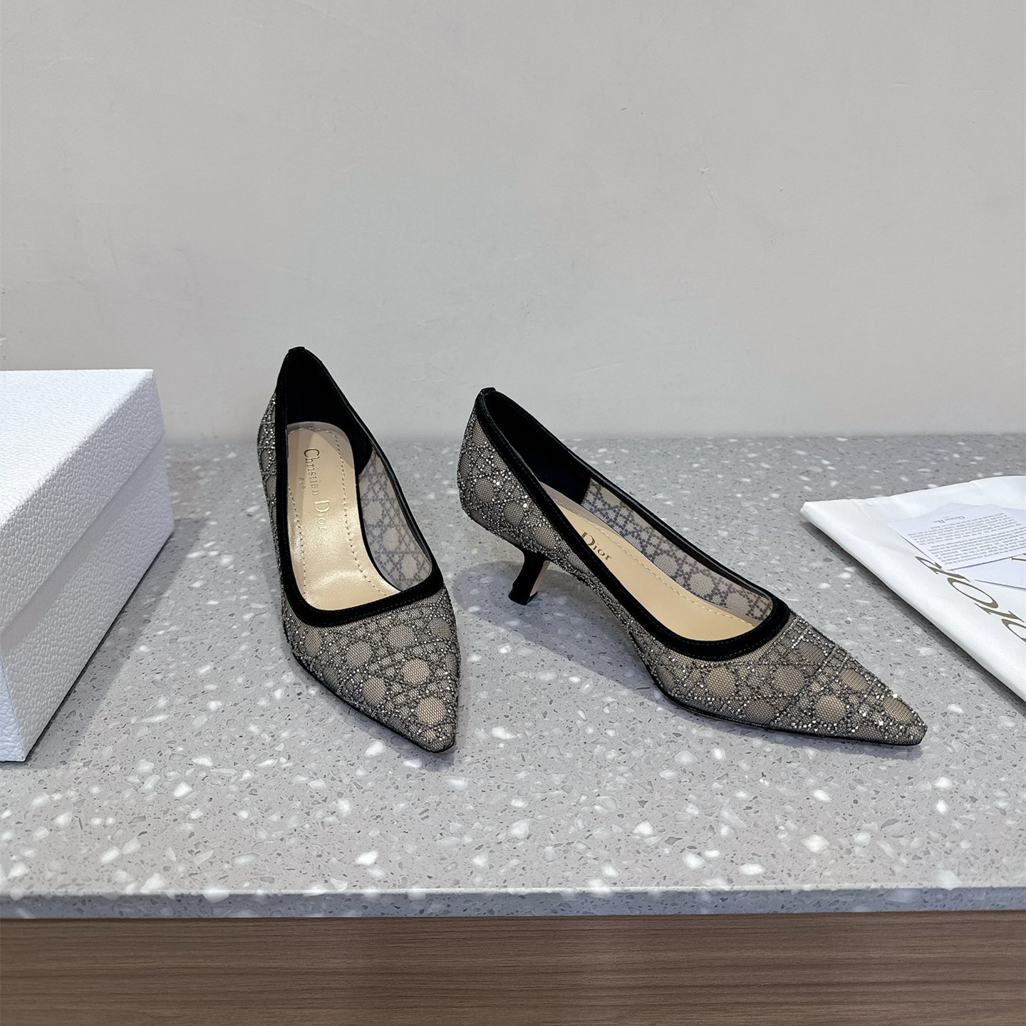 高仿Dior*Capture系列KDH304尖頭燙鑽高踭鞋6.5CM黑色免檢版