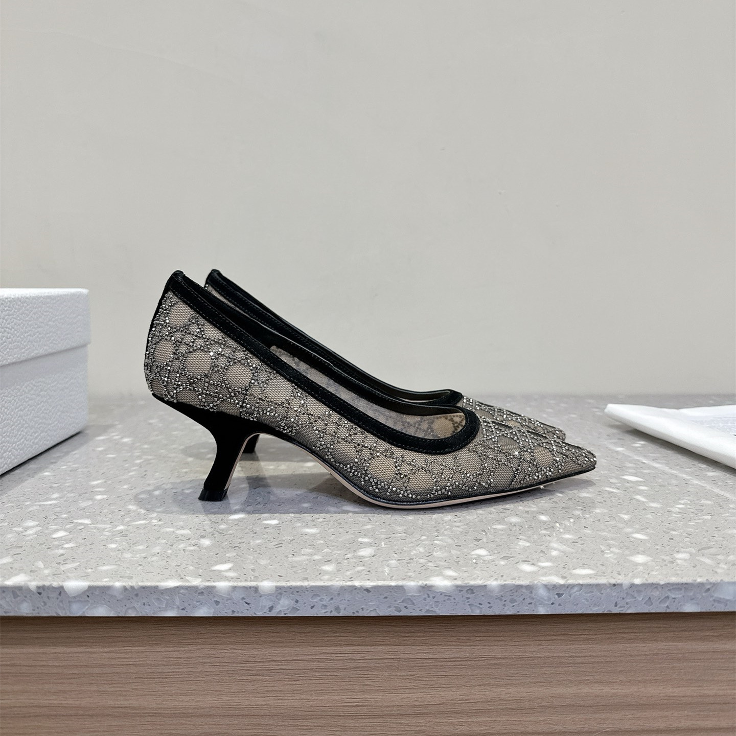 高仿Dior*Capture系列KDH304尖頭燙鑽高踭鞋6.5CM黑色免檢版
