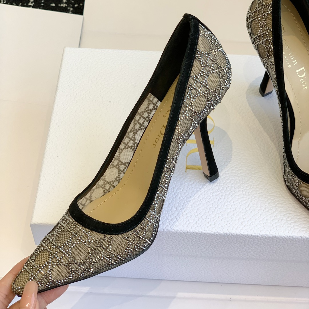 高仿Dior*Capture系列KDG299尖頭燙鑽高踭鞋10CM黑色免檢版