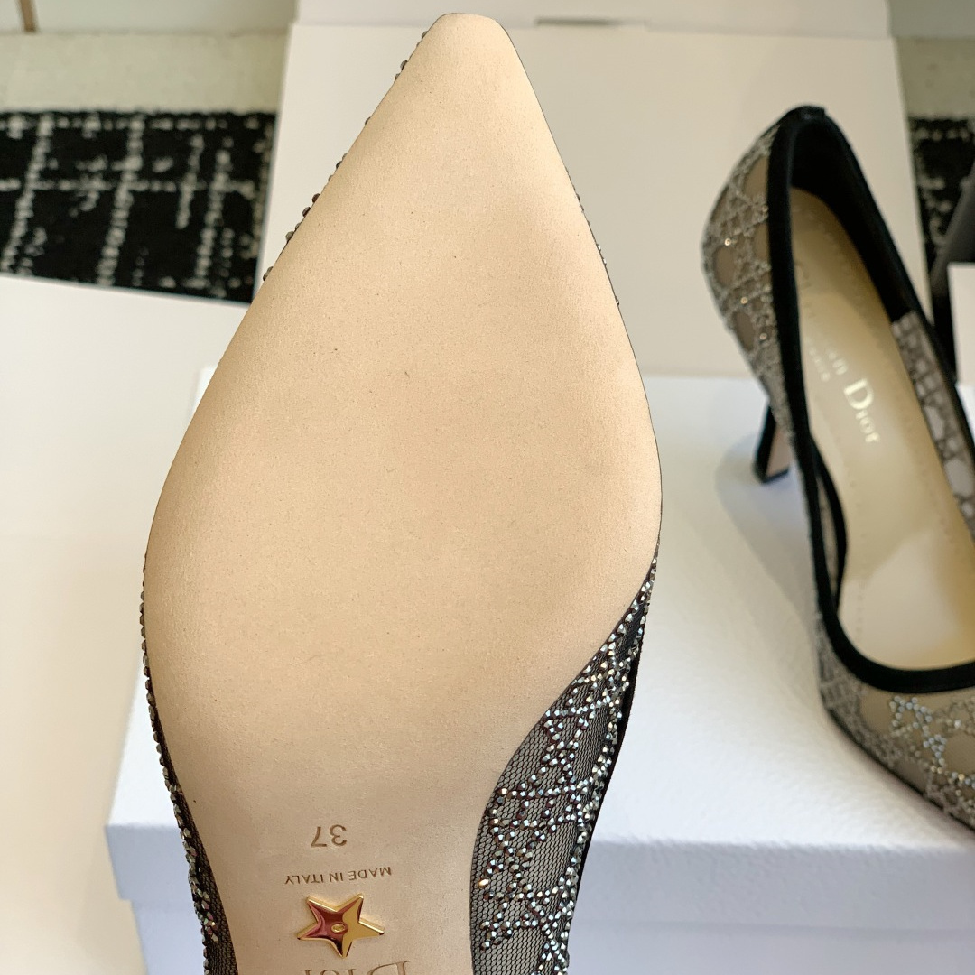 高仿Dior*Capture系列KDG299尖頭燙鑽高踭鞋10CM黑色免檢版