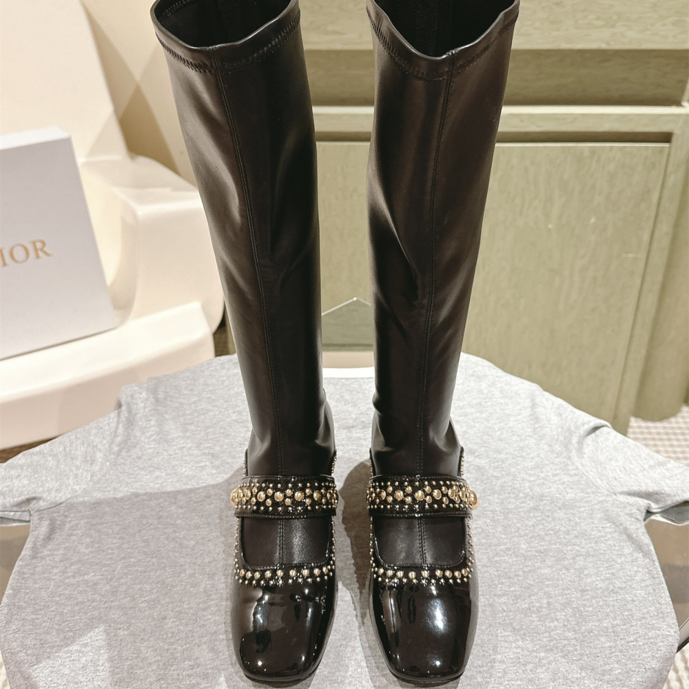高仿Dior*Belle-D系列KDT064柳釘拉鏈高筒靴4CM黑色免檢版