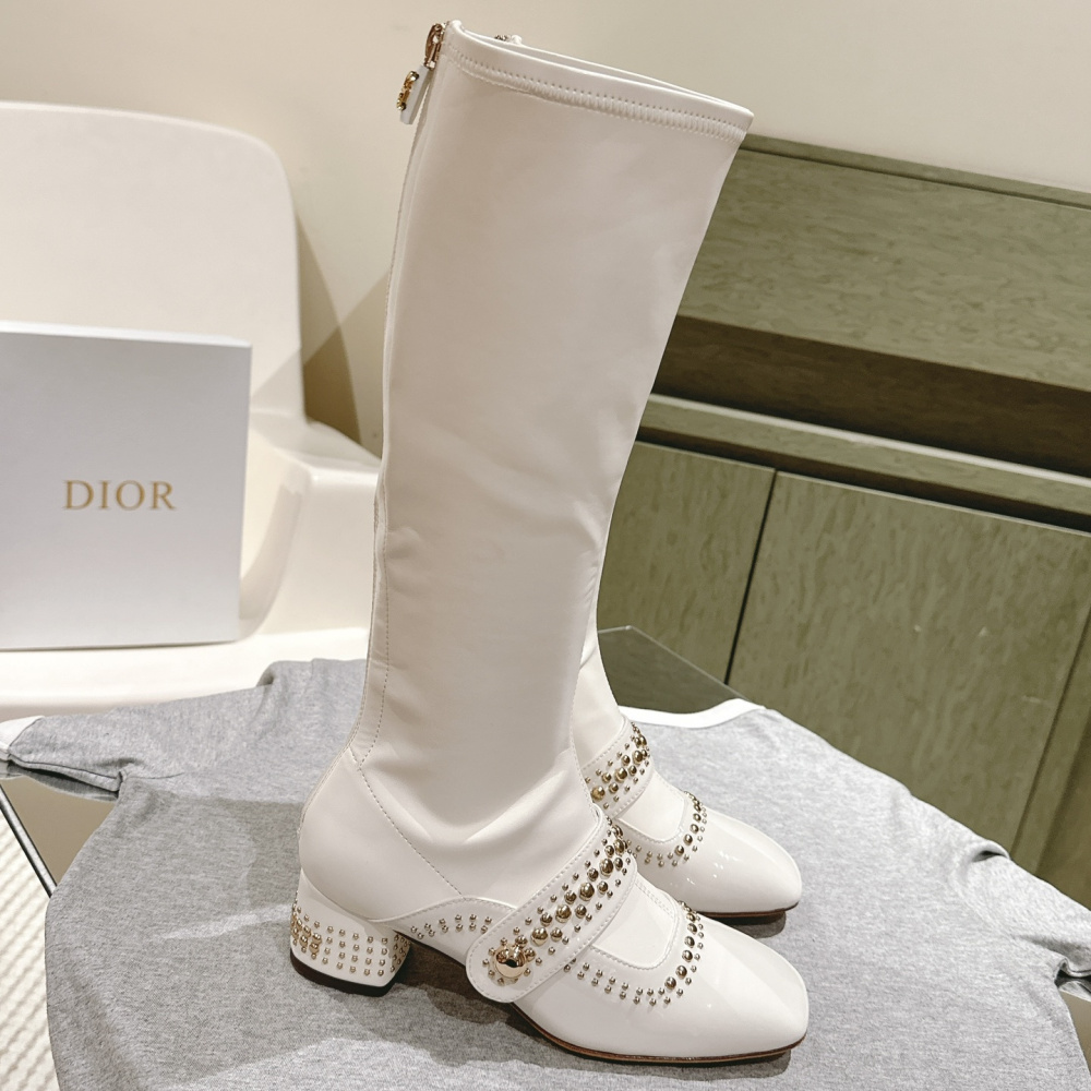 高仿Dior*Belle-D系列KDT063柳釘拉鏈高筒靴4CM白色免檢版