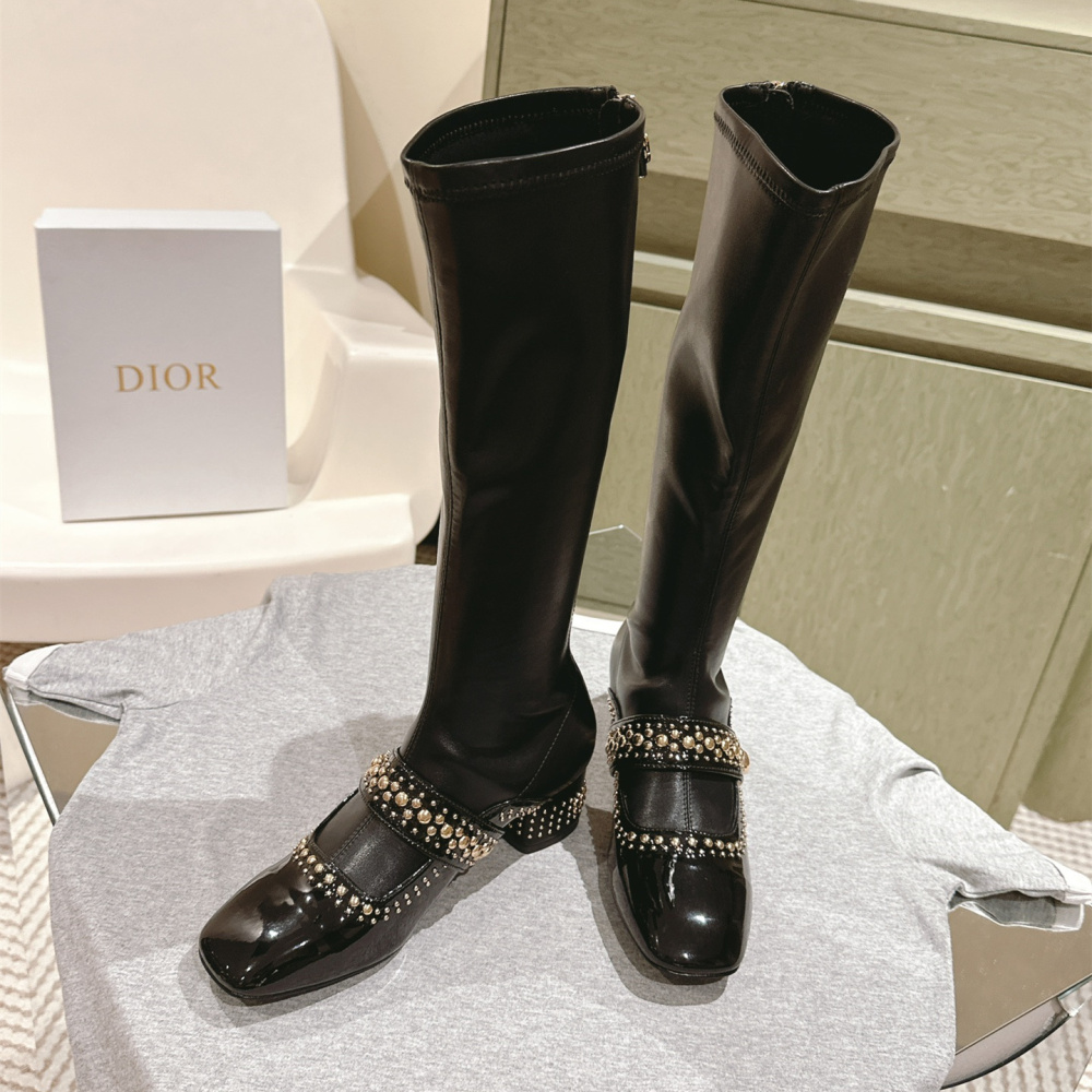 高仿Dior*Belle-D系列KDT064柳釘拉鏈高筒靴4CM黑色免檢版