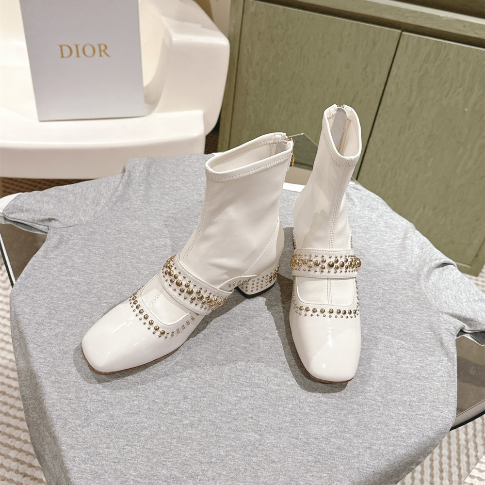 高仿Dior*Belle-D系列KCT064柳釘拉鏈短靴4CM白色免檢版