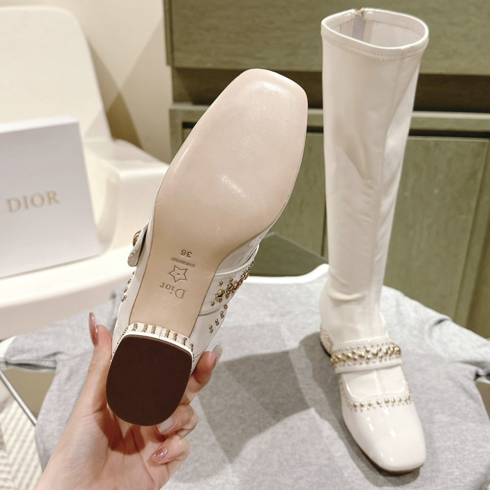 高仿Dior*Belle-D系列KDT063柳釘拉鏈高筒靴4CM白色免檢版