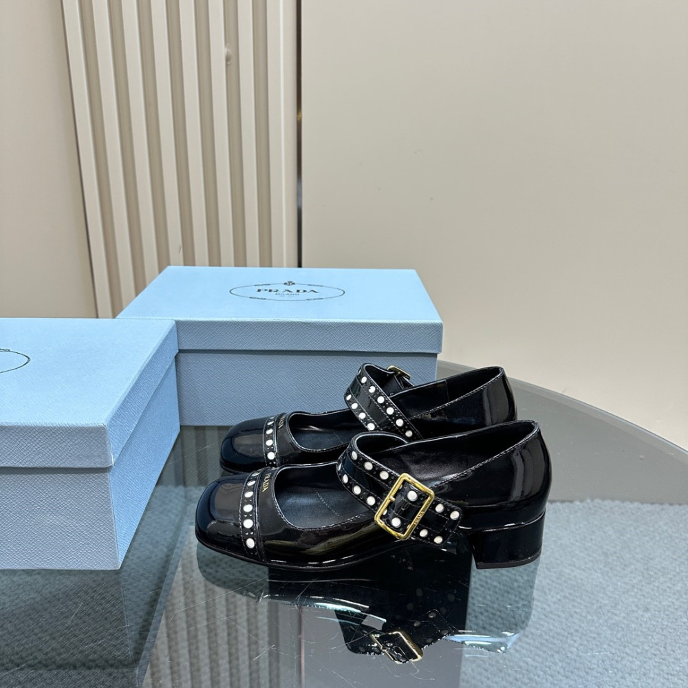 高仿Prada*Patent系列1I816N粗跟瑪麗珍鞋鞋漆皮3.5CM黑色免檢版