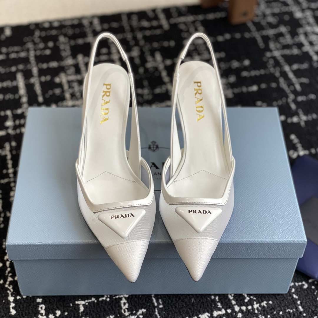 高仿Prada*1I891B尖頭露跟高踭鞋7.5CM白色免檢版