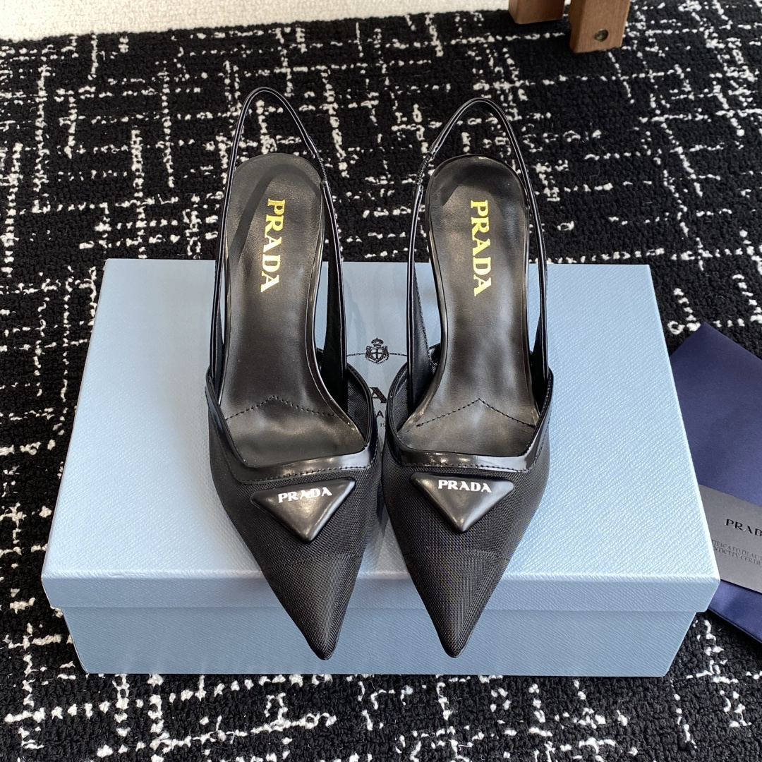 高仿Prada*1I891N尖頭露跟高踭鞋7.5CM黑色免檢版