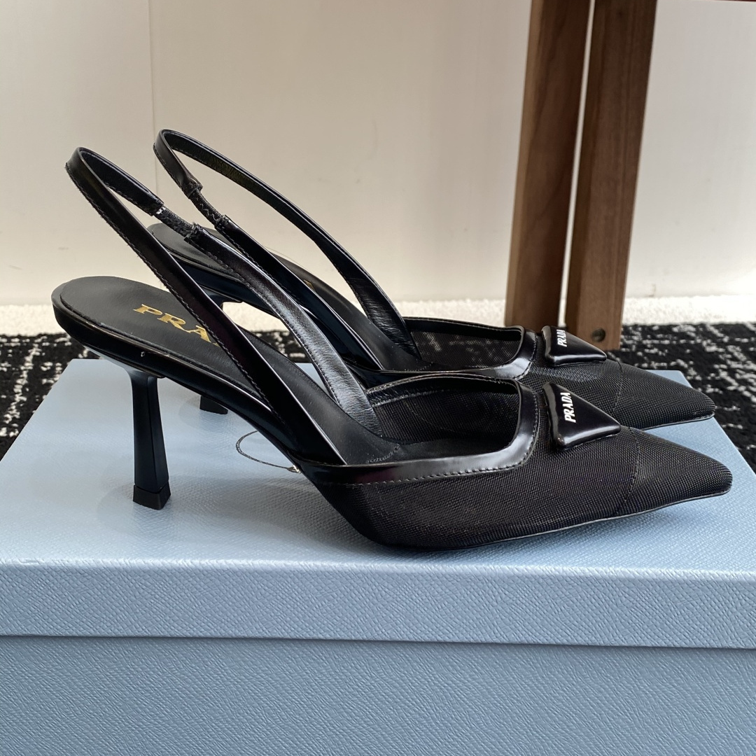 高仿Prada*1I891N尖頭露跟高踭鞋7.5CM黑色免檢版