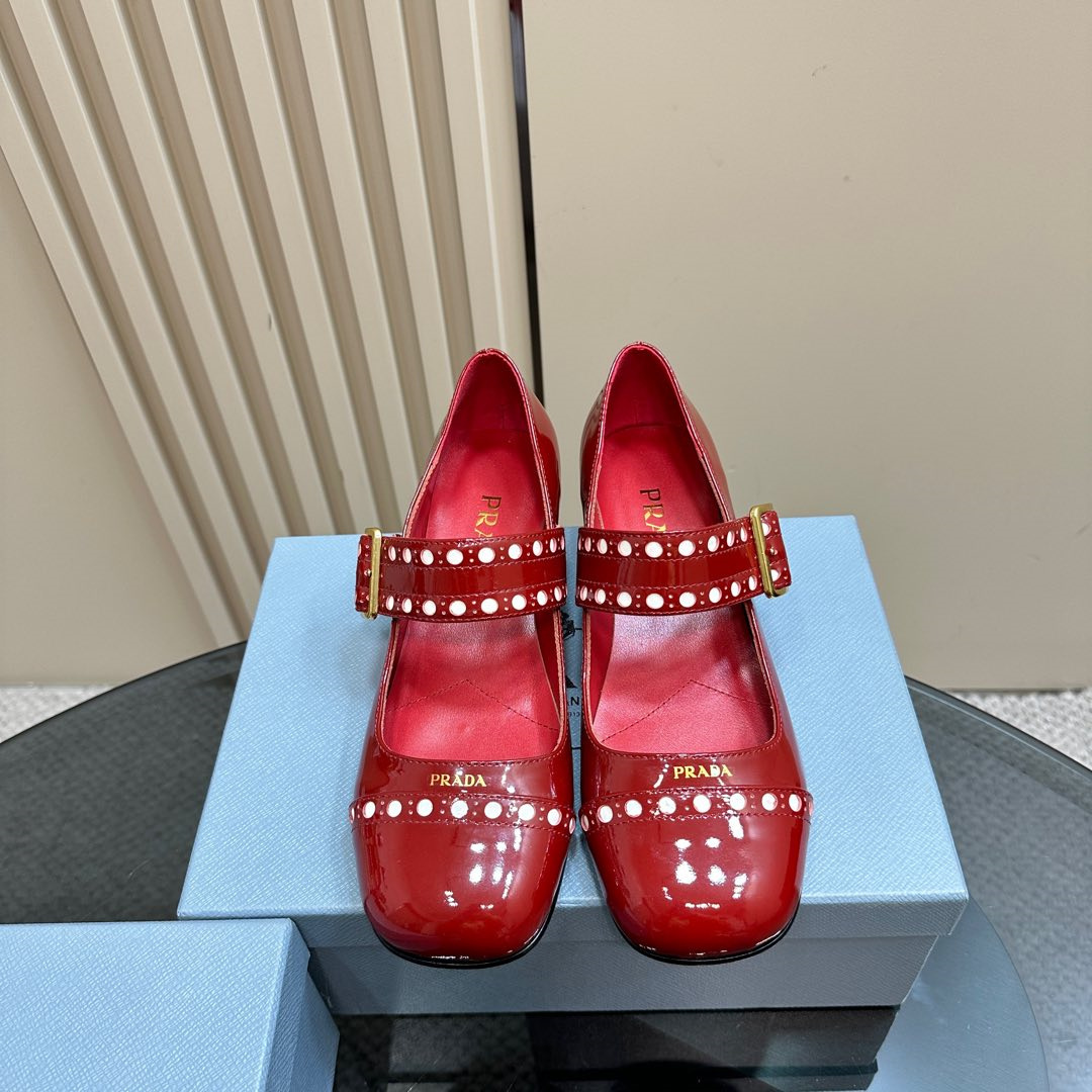 高仿Prada*Patent系列1I816C粗跟瑪麗珍鞋鞋漆皮3.5CM紅色免檢版