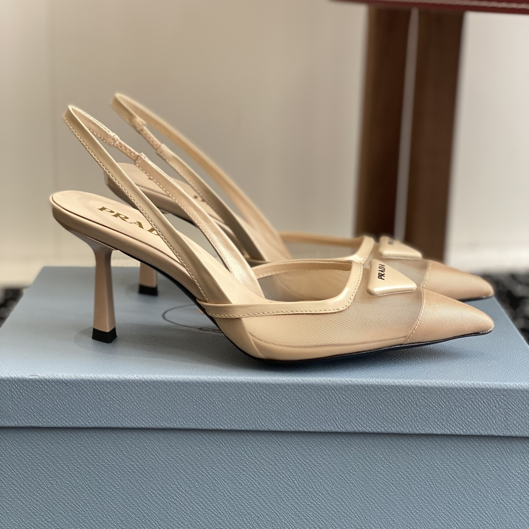 高仿Prada*1I891M尖頭露跟高踭鞋7.5CM膚色免檢版