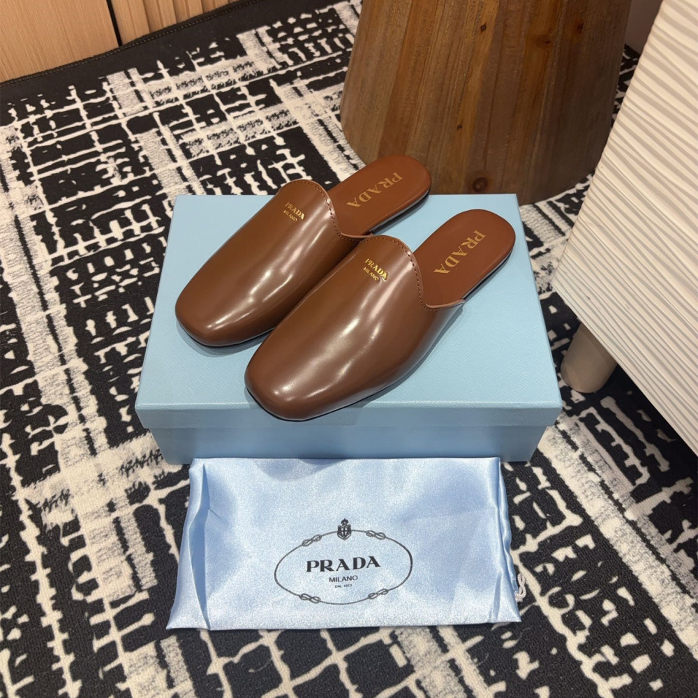 高仿Prada*2S2986圓頭皮質休閒套腳拖鞋棕色免檢版