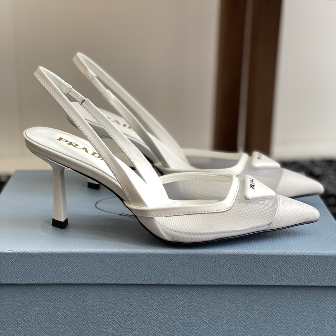 高仿Prada*1I891B尖頭露跟高踭鞋7.5CM白色免檢版