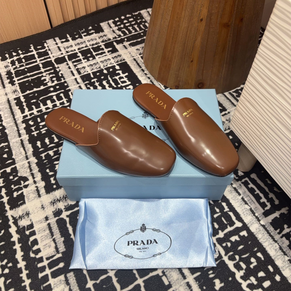 高仿Prada*2S2986圓頭皮質休閒套腳拖鞋棕色免檢版