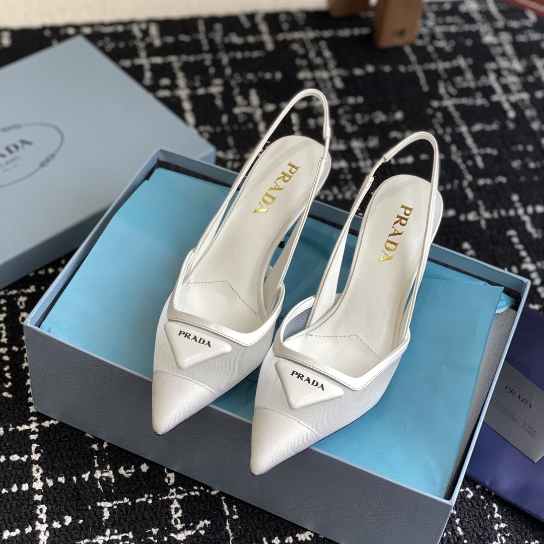 高仿Prada*1I891B尖頭露跟高踭鞋7.5CM白色免檢版