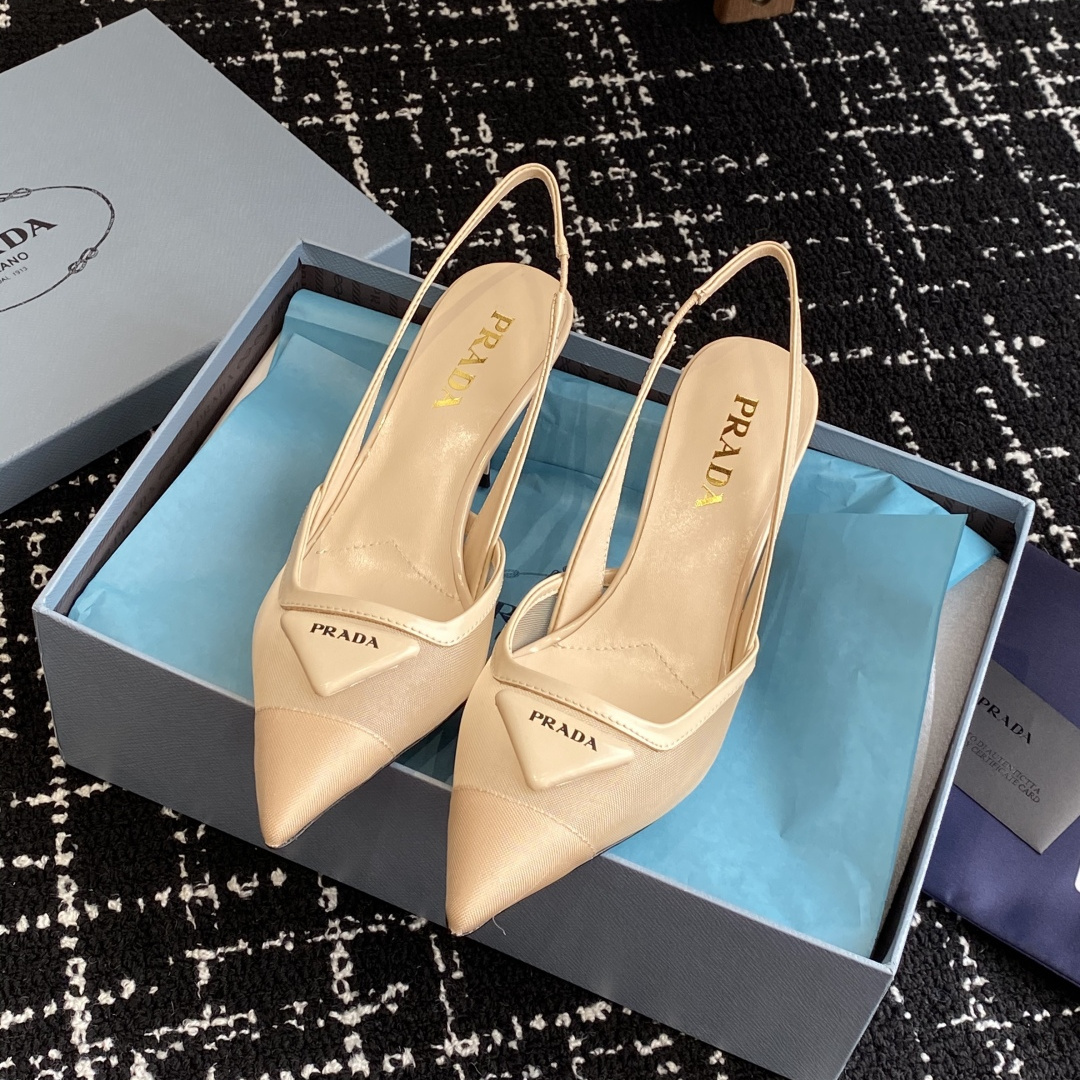 高仿Prada*1I891M尖頭露跟高踭鞋7.5CM膚色免檢版