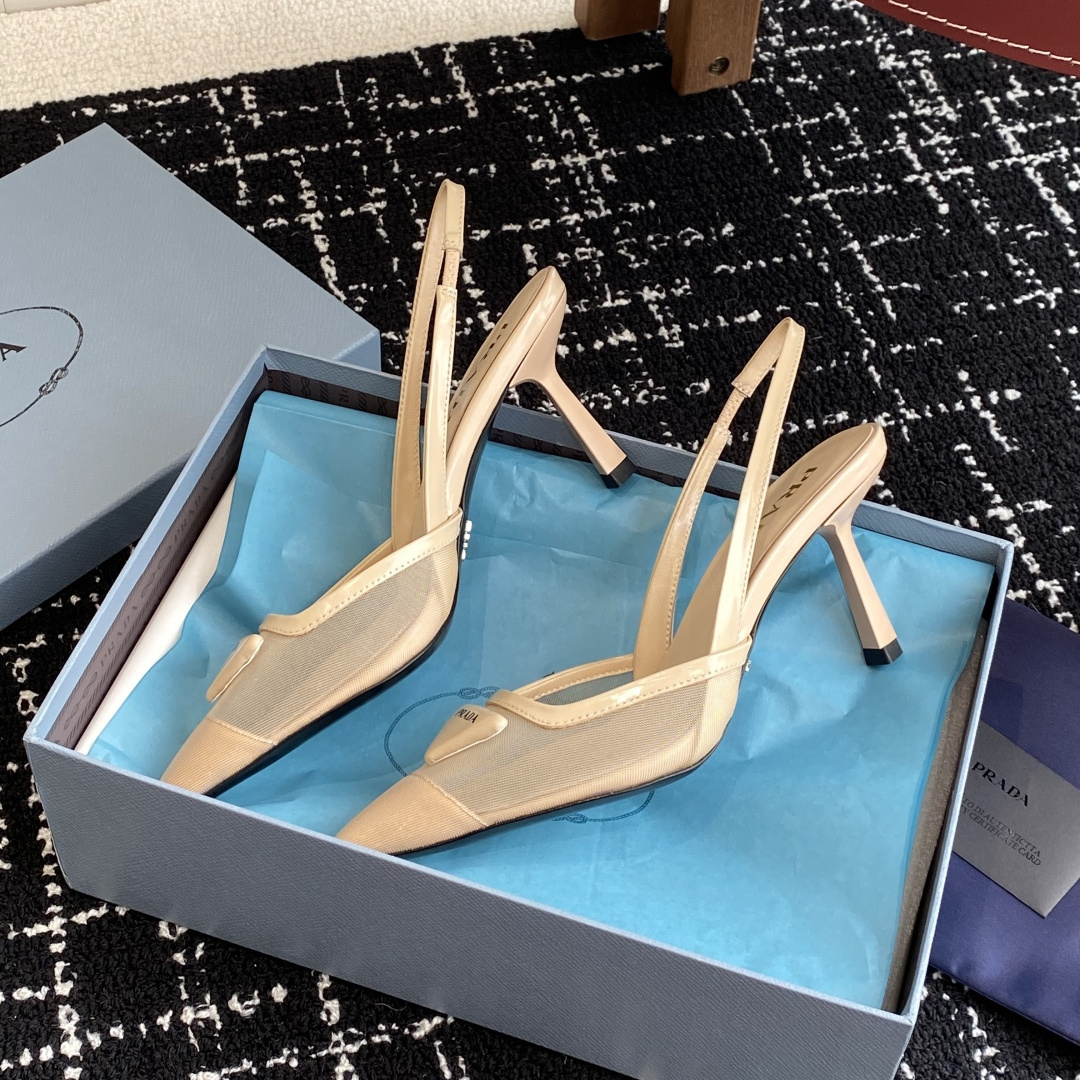 高仿Prada*1I891M尖頭露跟高踭鞋7.5CM膚色免檢版