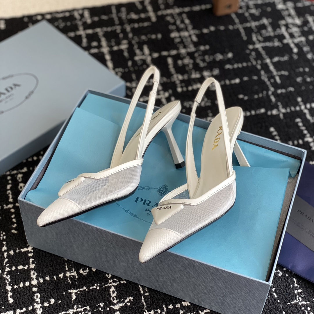 高仿Prada*1I891B尖頭露跟高踭鞋7.5CM白色免檢版