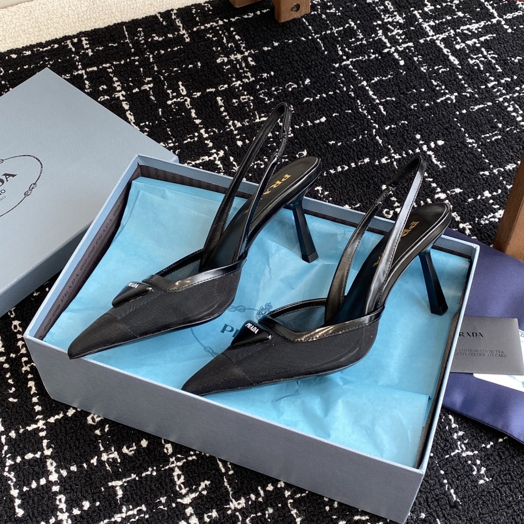 高仿Prada*1I891N尖頭露跟高踭鞋7.5CM黑色免檢版
