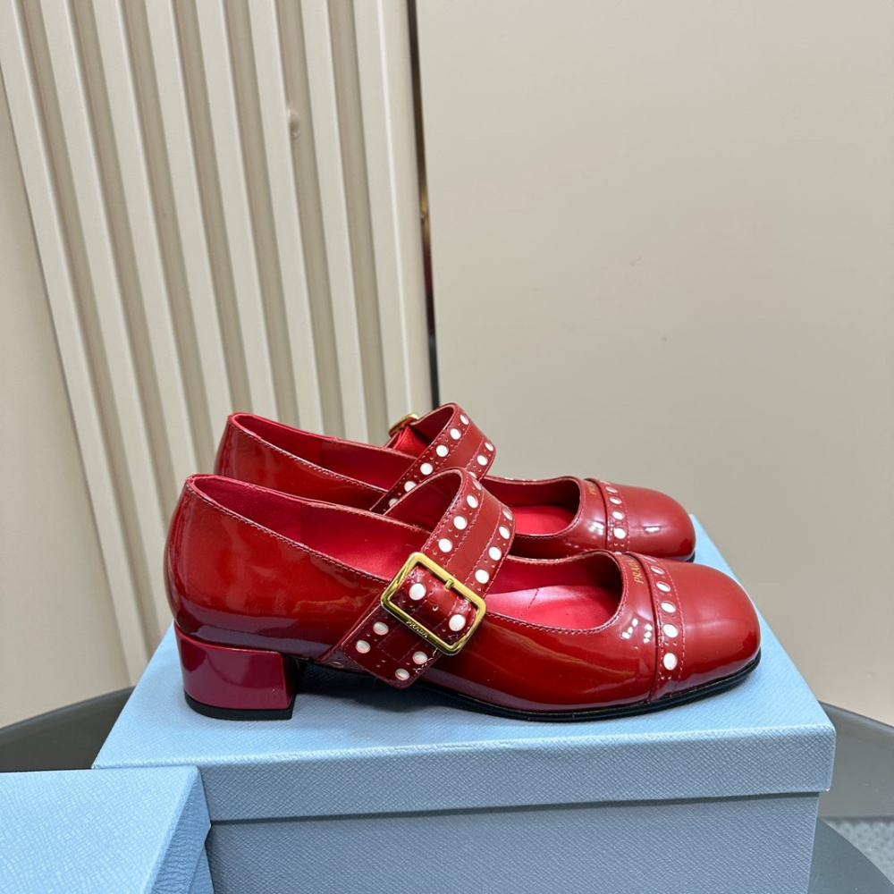 高仿Prada*Patent系列1I816C粗跟瑪麗珍鞋鞋漆皮3.5CM紅色免檢版