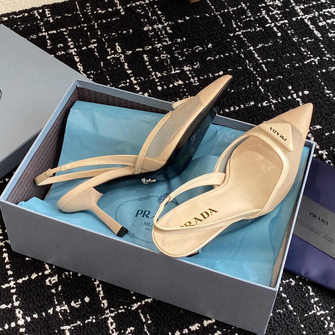 高仿Prada*1I891M尖頭露跟高踭鞋7.5CM膚色免檢版