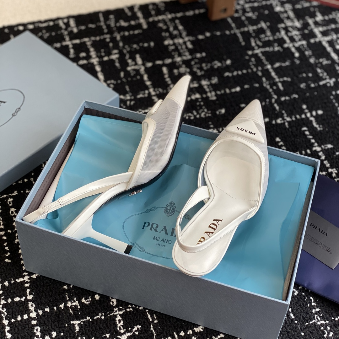 高仿Prada*1I891B尖頭露跟高踭鞋7.5CM白色免檢版