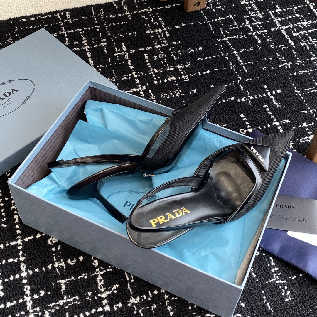 高仿Prada*1I891N尖頭露跟高踭鞋7.5CM黑色免檢版