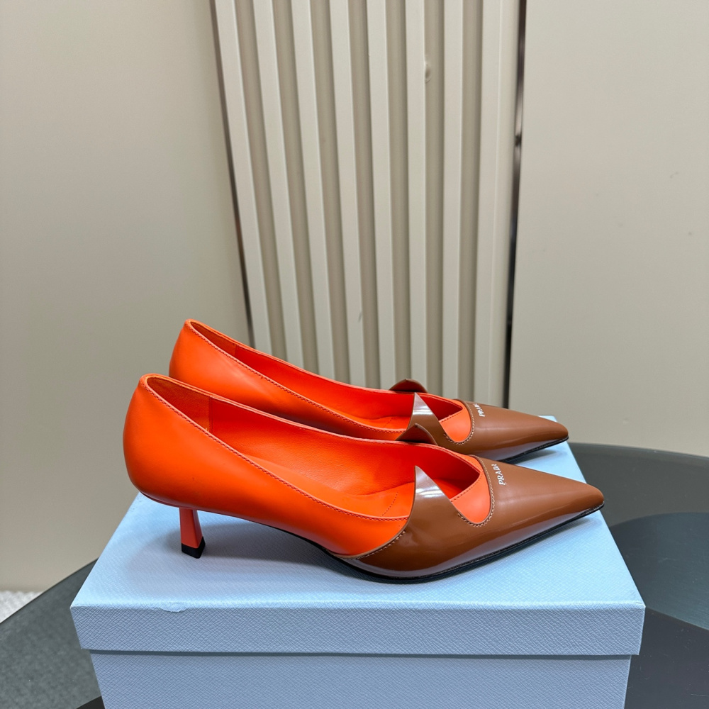 高仿Prada*1I976D尖頭走秀款高踭鞋5.5CM橙色免檢版