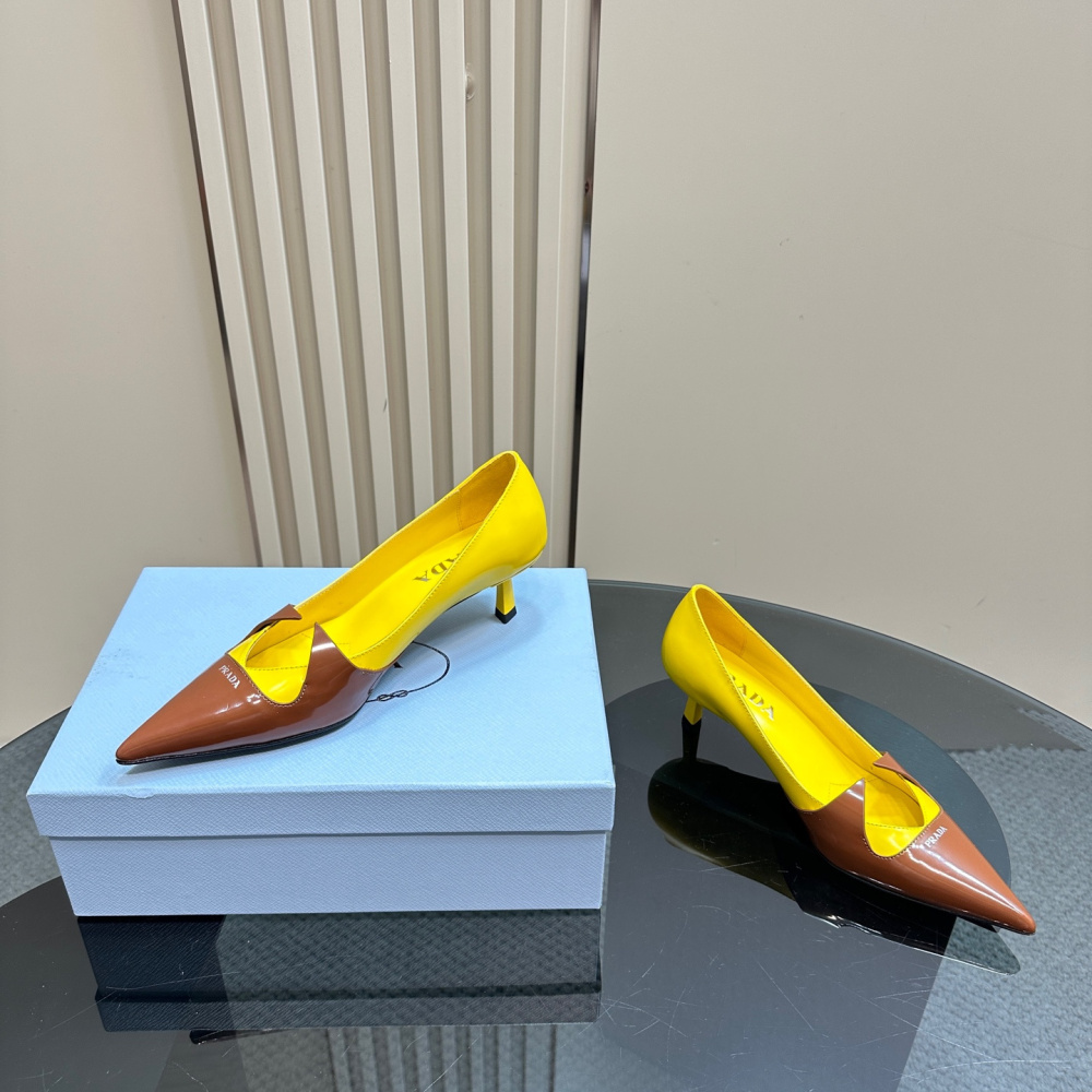 高仿Prada*1I976B尖頭走秀款高踭鞋5.5CM黃色免檢版