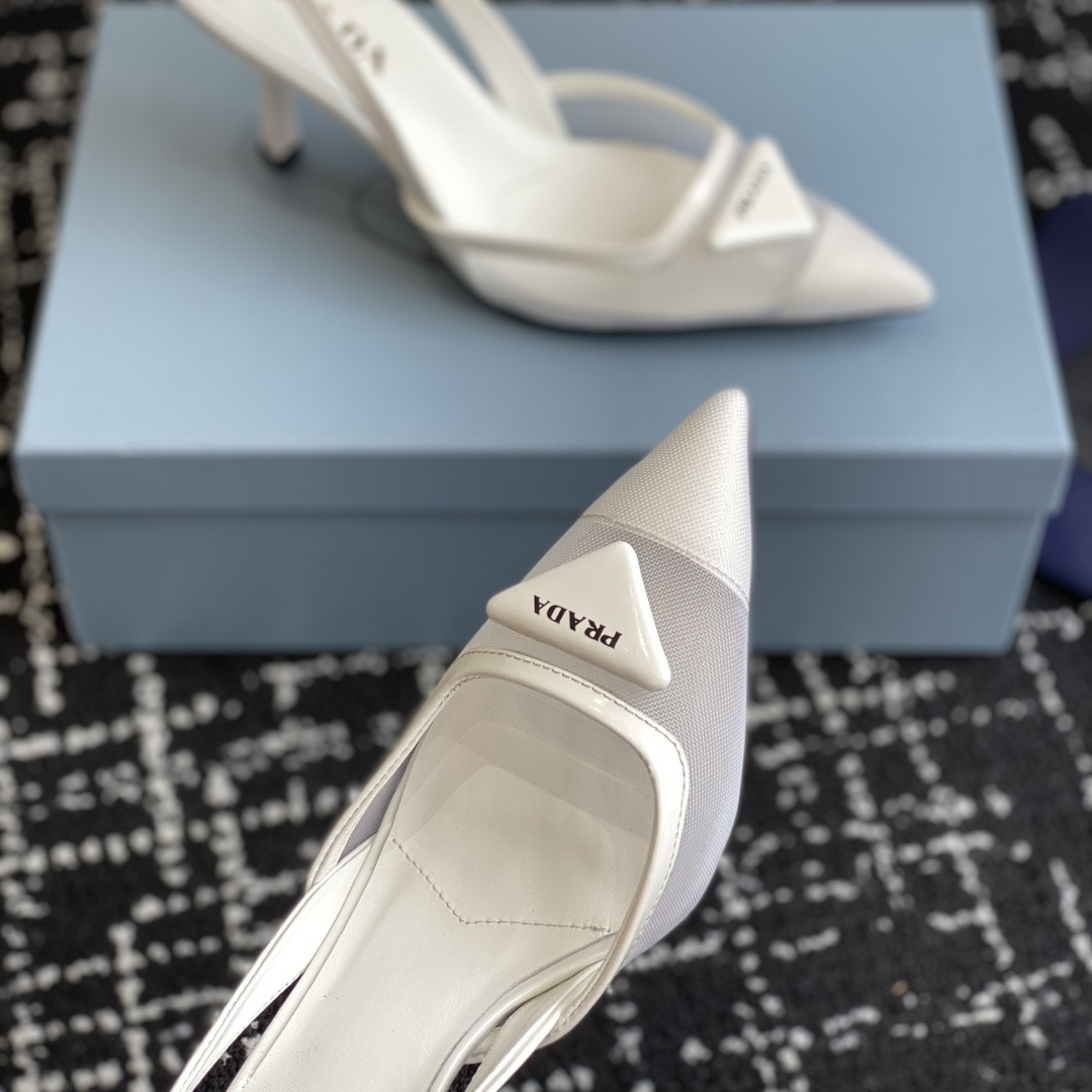高仿Prada*1I891B尖頭露跟高踭鞋7.5CM白色免檢版