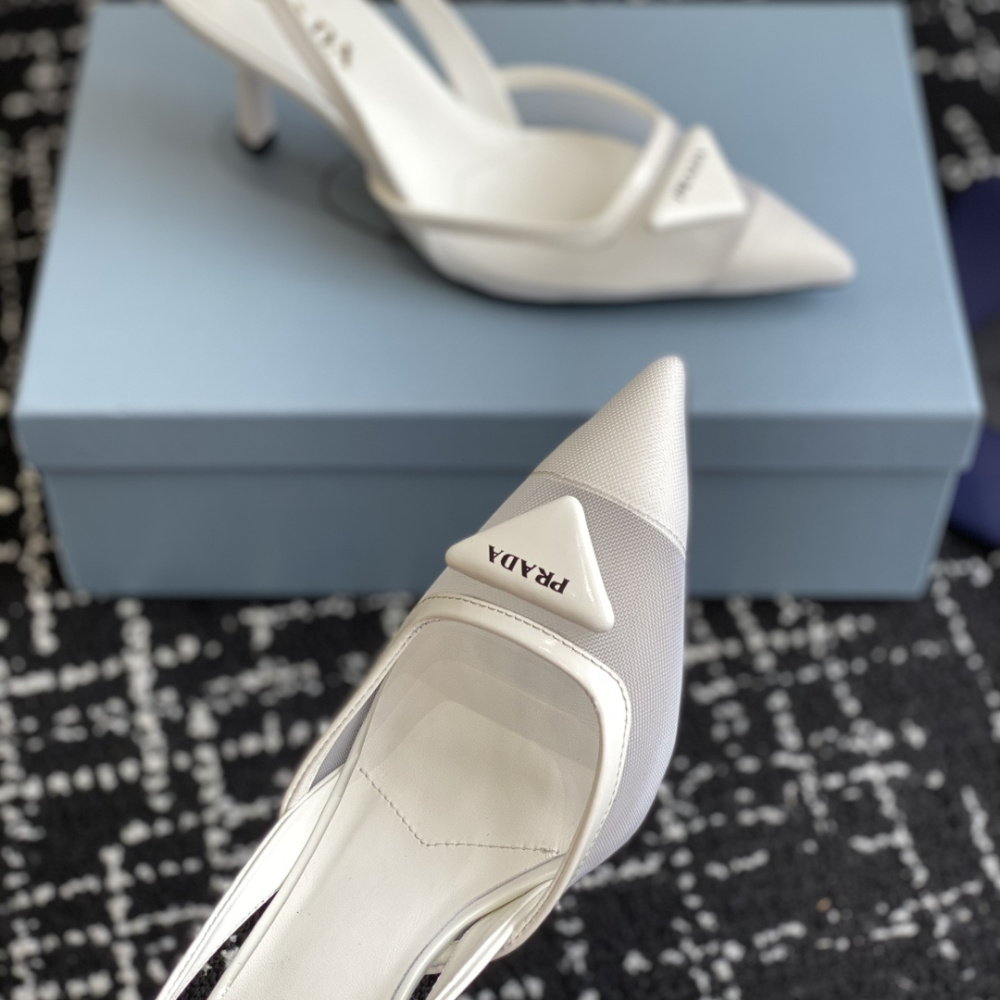 高仿Prada*1I891B尖頭露跟高踭鞋7.5CM白色免檢版