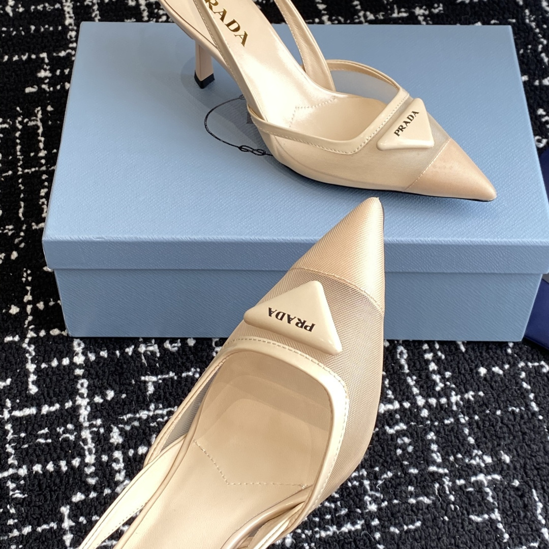高仿Prada*1I891M尖頭露跟高踭鞋7.5CM膚色免檢版