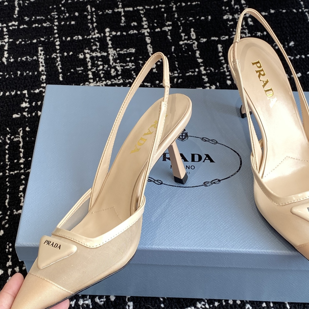 高仿Prada*1I891M尖頭露跟高踭鞋7.5CM膚色免檢版