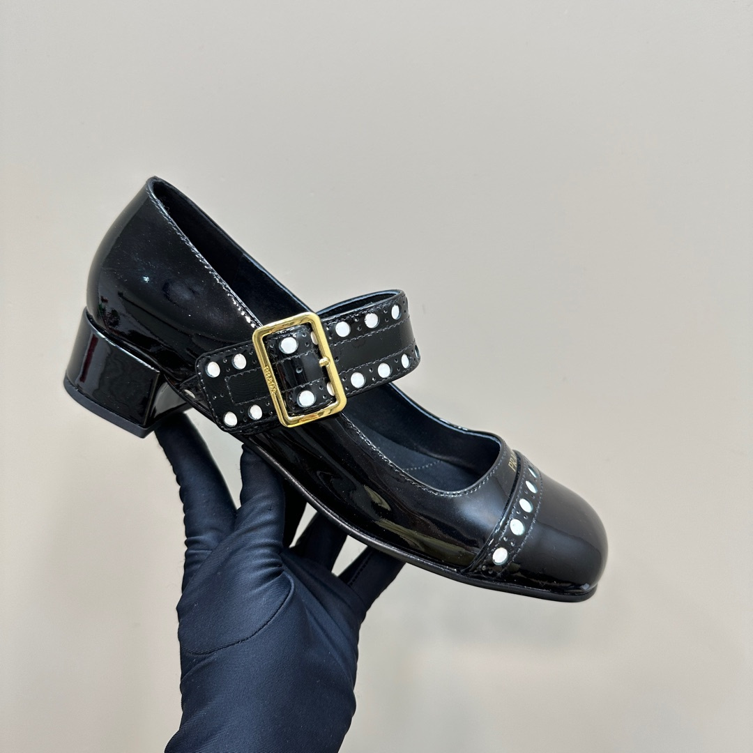 高仿Prada*Patent系列1I816N粗跟瑪麗珍鞋鞋漆皮3.5CM黑色免檢版
