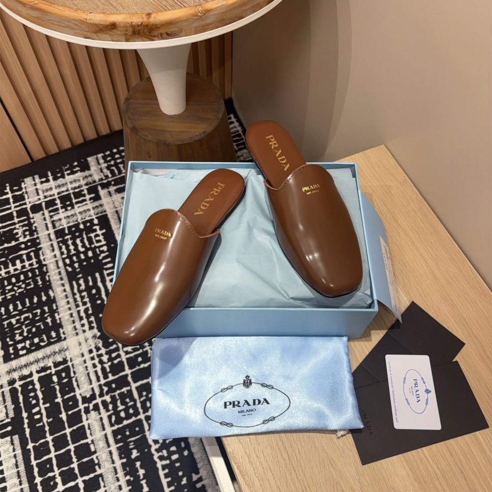 高仿Prada*2S2986圓頭皮質休閒套腳拖鞋棕色免檢版