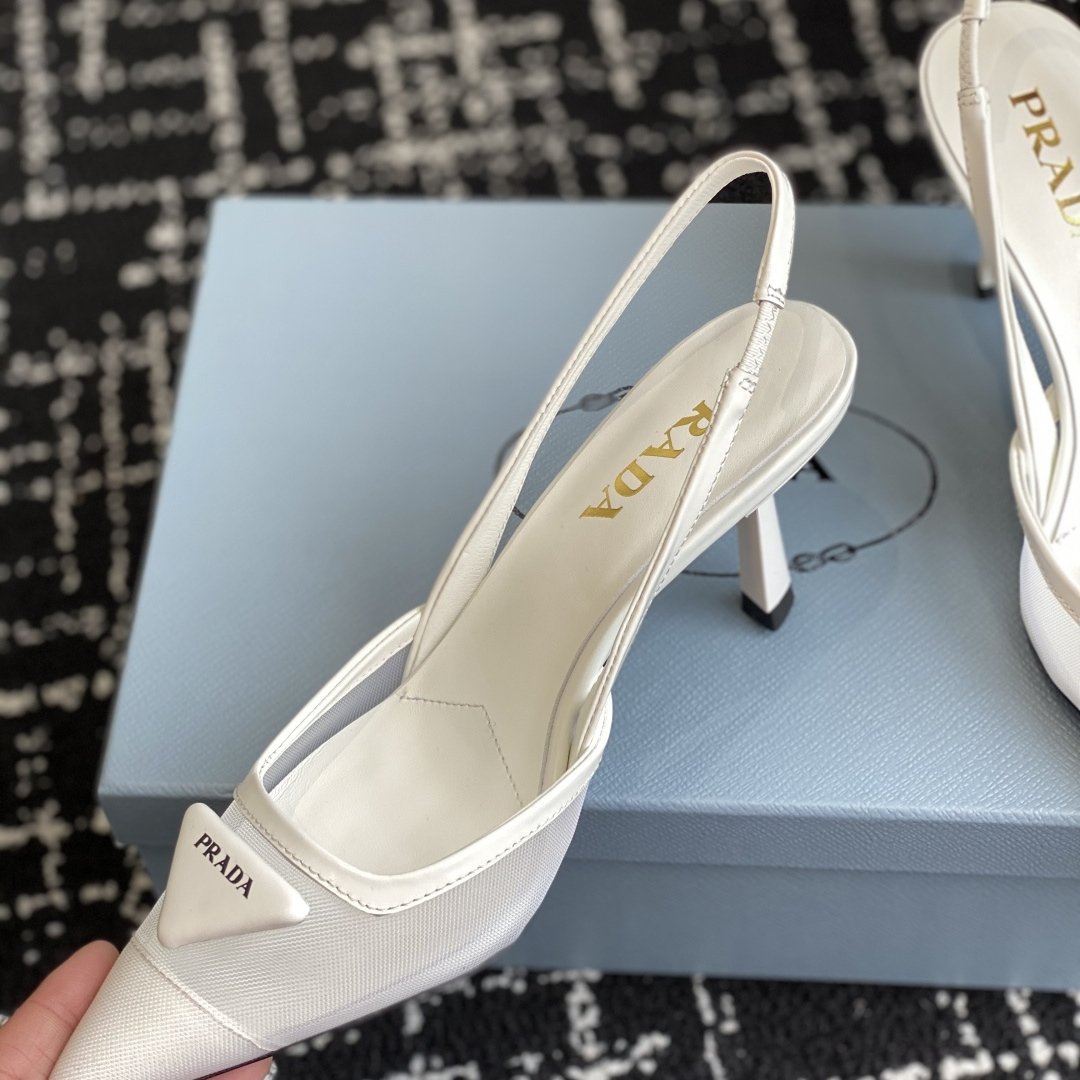 高仿Prada*1I891B尖頭露跟高踭鞋7.5CM白色免檢版