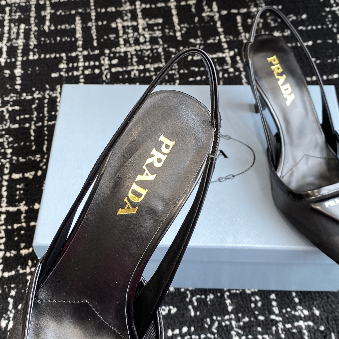 高仿Prada*1I891N尖頭露跟高踭鞋7.5CM黑色免檢版