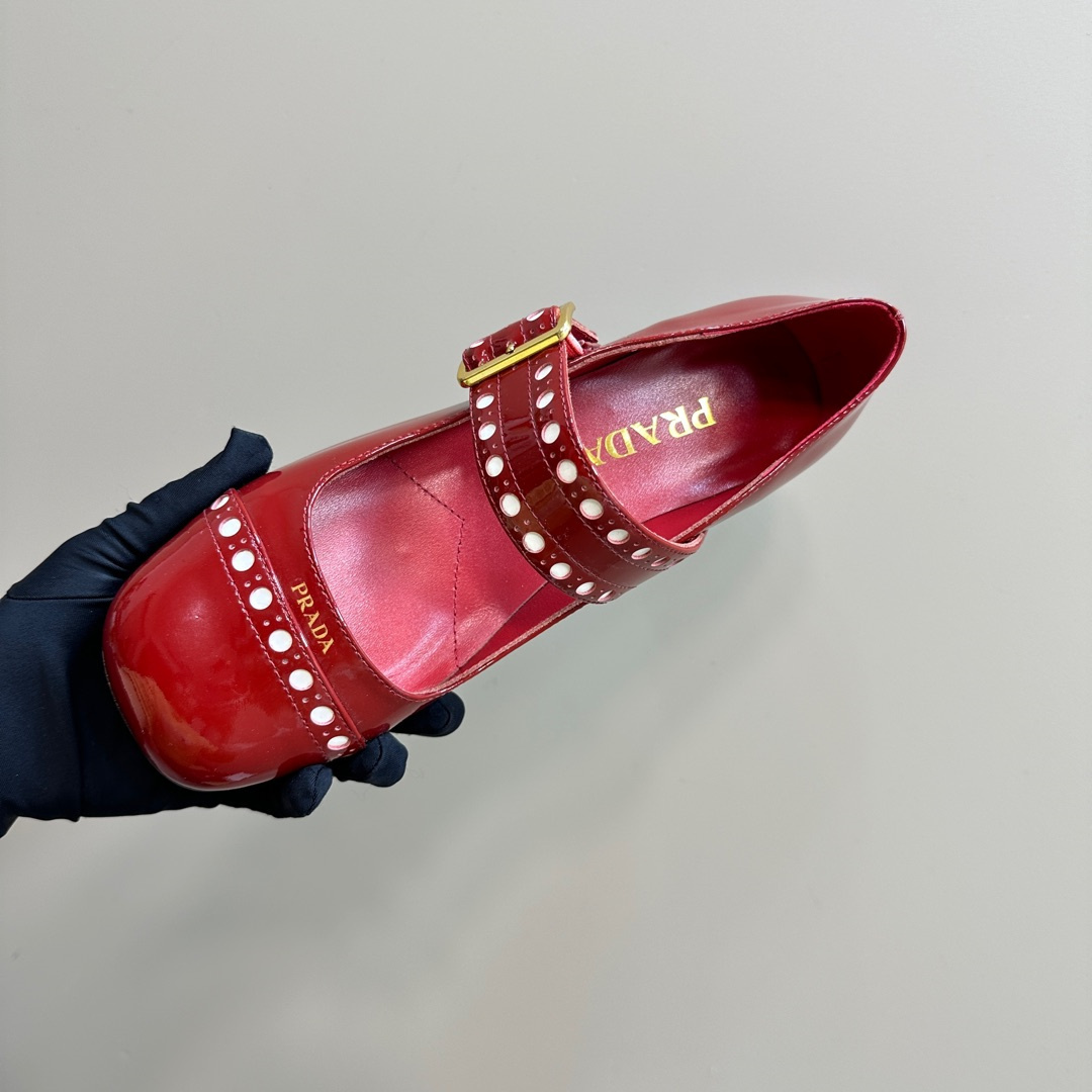 高仿Prada*Patent系列1I816C粗跟瑪麗珍鞋鞋漆皮3.5CM紅色免檢版