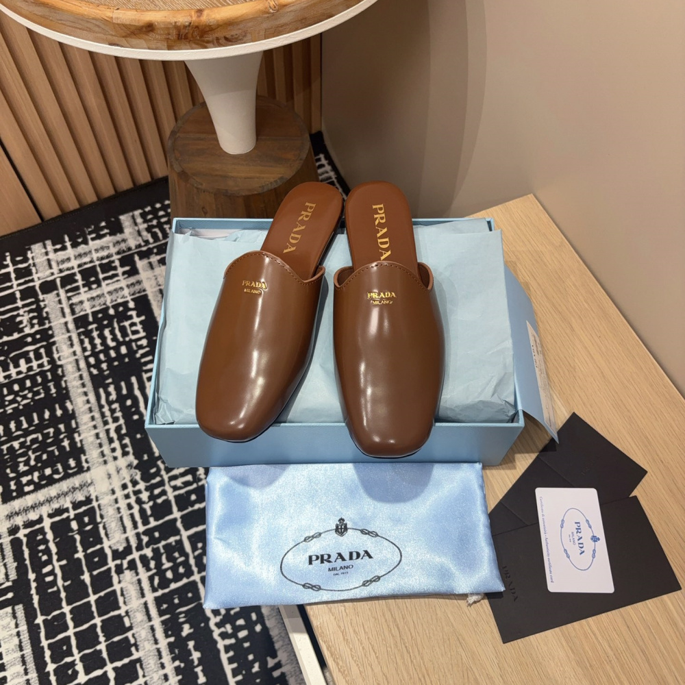 高仿Prada*2S2986圓頭皮質休閒套腳拖鞋棕色免檢版