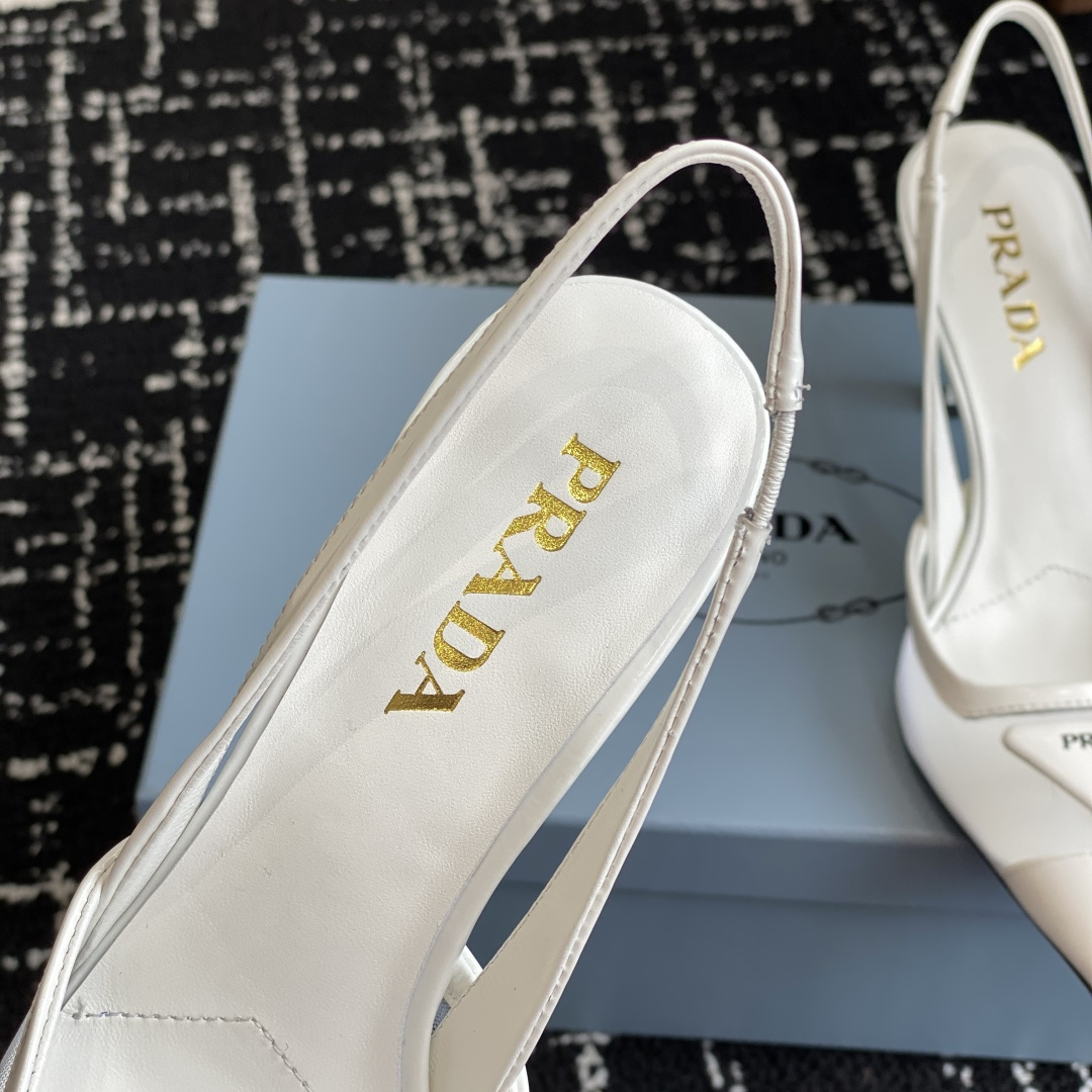 高仿Prada*1I891B尖頭露跟高踭鞋7.5CM白色免檢版