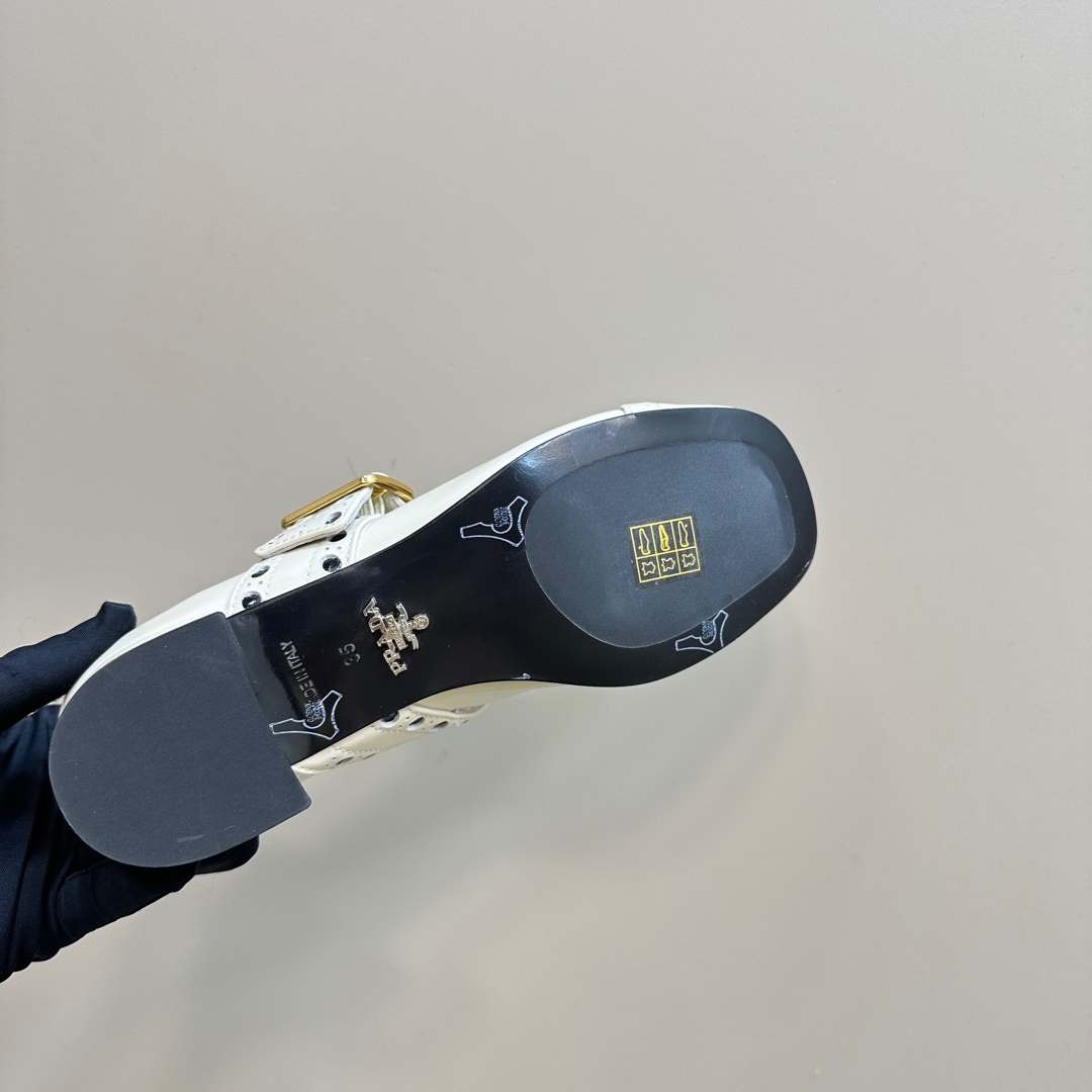 高仿Prada*Patent系列1I816M粗跟瑪麗珍鞋鞋漆皮3.5CM白色免檢版